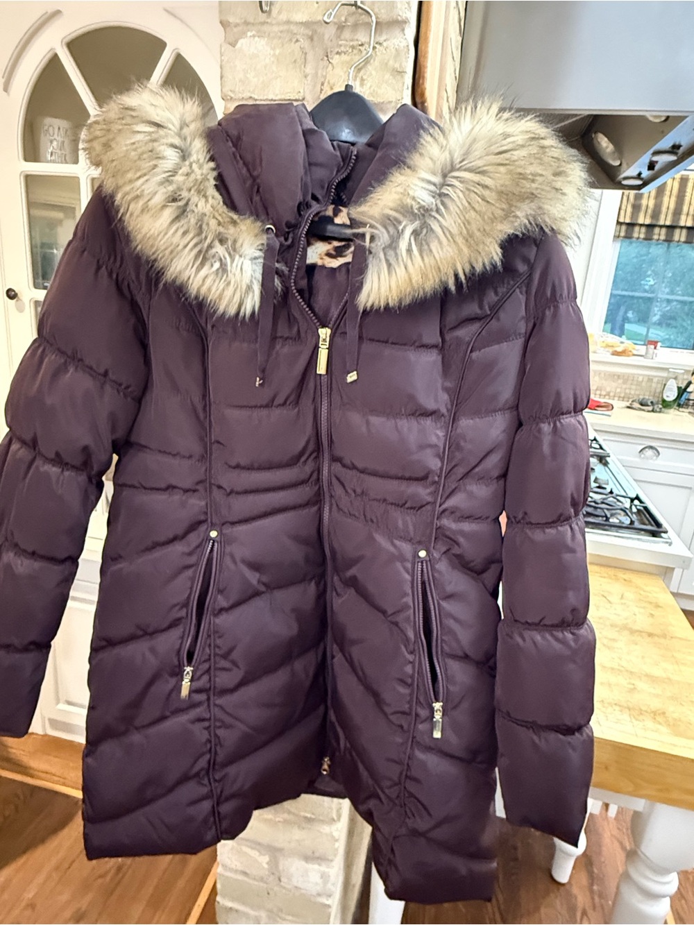 Laundry By Shelli Segal Plum Quilted Long Puffer Coat with Faux Fur Hood